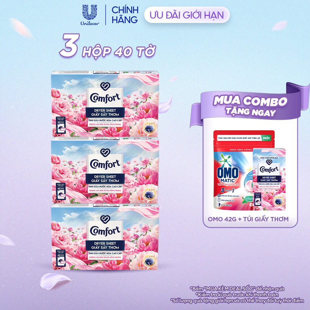 Combo 3 Hộp Giấy Thơm Comfort Hương Mẫu Đơn Và Hoa Hồng Ohara 40 tờ/hộp, Dành Cho Máy Sấy Quần Áo, Tủ Quần Áo