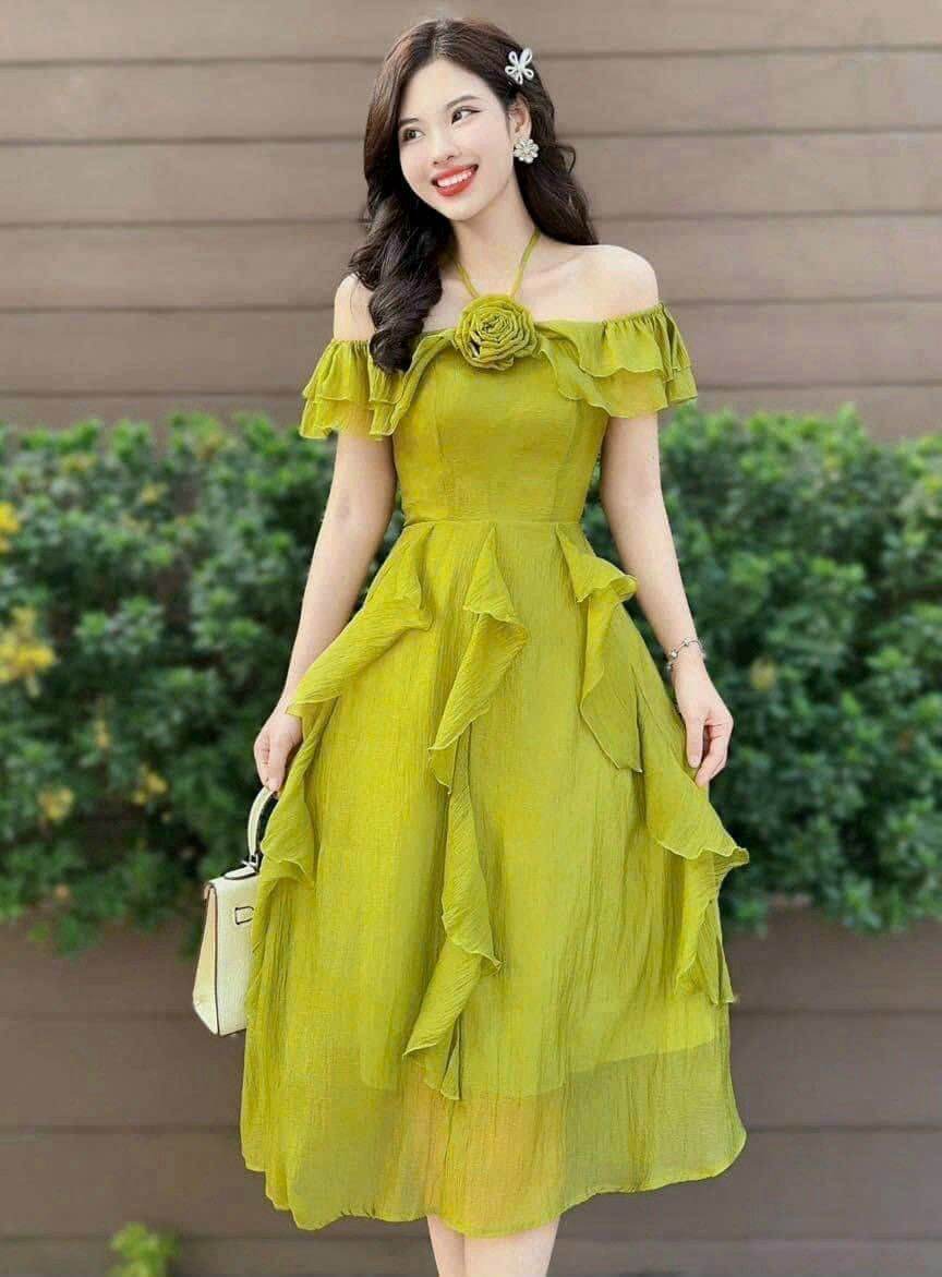 Đầm xòe bèo trễ vai đính hoa có mút có lót chất xốp tơ gân, 1 màu xanh siêu xinh cho nữ (Đẹp mê ly) - Váy đầm xinh thiết kế rẻ sập sàn Lazada