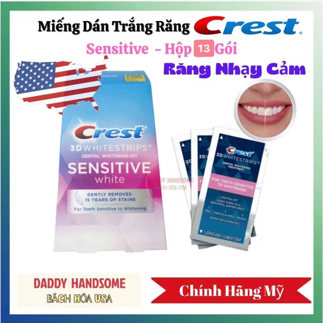 Hộp Miếng Dán Trắng Răng Crest 3D White Sensitive - Chính Hãng Mỹ