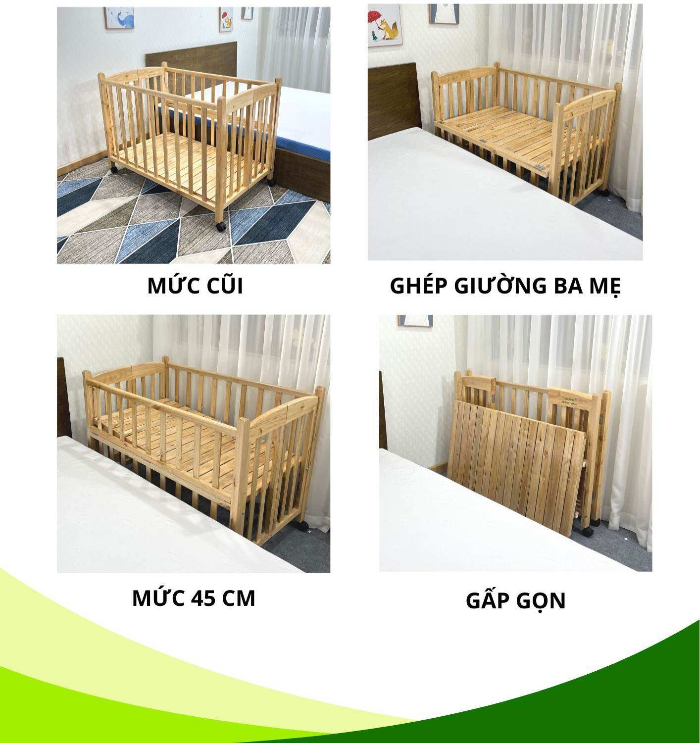 Giường cũi không kèm quây mùng gỗ quế siêu bền chắc cho bé 4 in 1