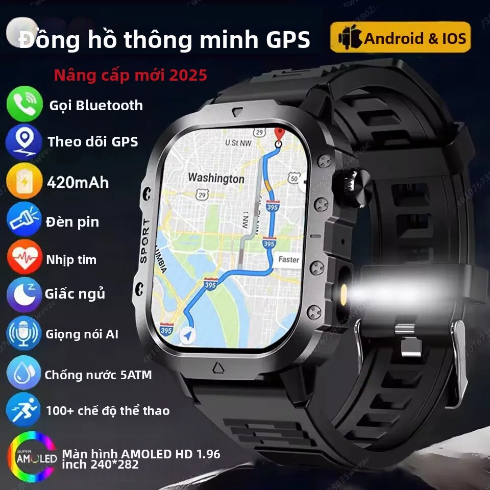 Đồng Hồ Thông Minh Mới 2025 Dành Cho Nam, Quân Đội, Ngoài Trời, GPS, Thể Thao, Chống Nước, Theo Dõi Nhịp Tim, Giấc Ngủ, Dùng Được Cho IOS Android, Unisex, Người Lớn