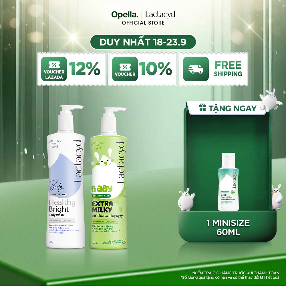 Bộ 1 Sữa tắm Lactacyd Healthy Bright làm đều màu da, mang lại làn da sáng khỏe, rạng rỡ và tự tin + 1 Sữa Tắm Gội Trẻ Em Lactacyd Milky Bảo Vệ, Nuôi Dưỡng Da và Tóc Bé Vượt Trội 500ml Cho Bé