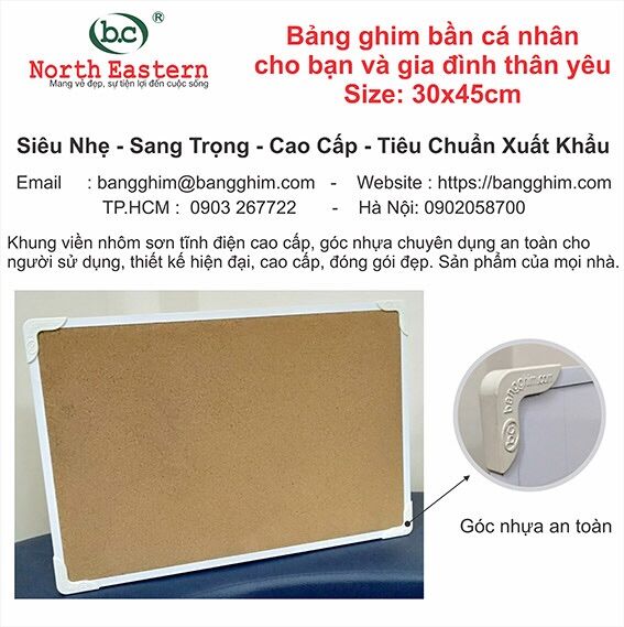 Bảng ghim bần 30x45cm, chuyên dụng dành cho cá nhân, thiết kế hiện đại sang trọng, đẹp, giá rẻ, khung nhôm sơn tĩnh điện trắng, bọ góc nhựa an toàn, chuyên nghiệp, thiết kế chuẩn xuất khẩu, làm đẹp và chuyên nghiệp hoá vị trí làm việc, thân thiện môi trưo