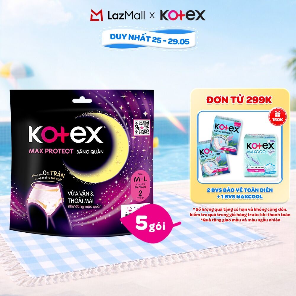 Combo 5 Băng Vệ Sinh Kotex Ban Đêm Dạng Quần cỡ M/L 5 miếng, M/L 2 miếng, L/XL 2 miếng