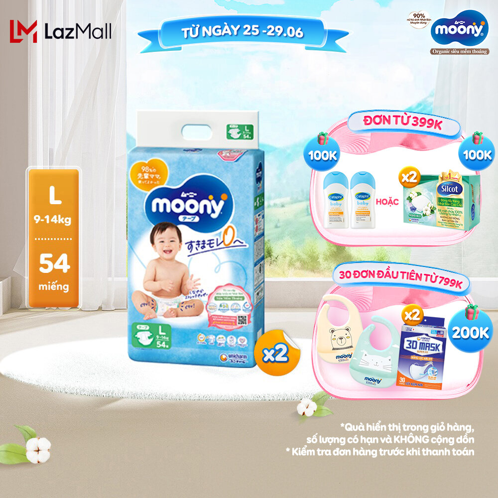 Combo 2 Tã/Bỉm dán cao cấp Moony Blue L54