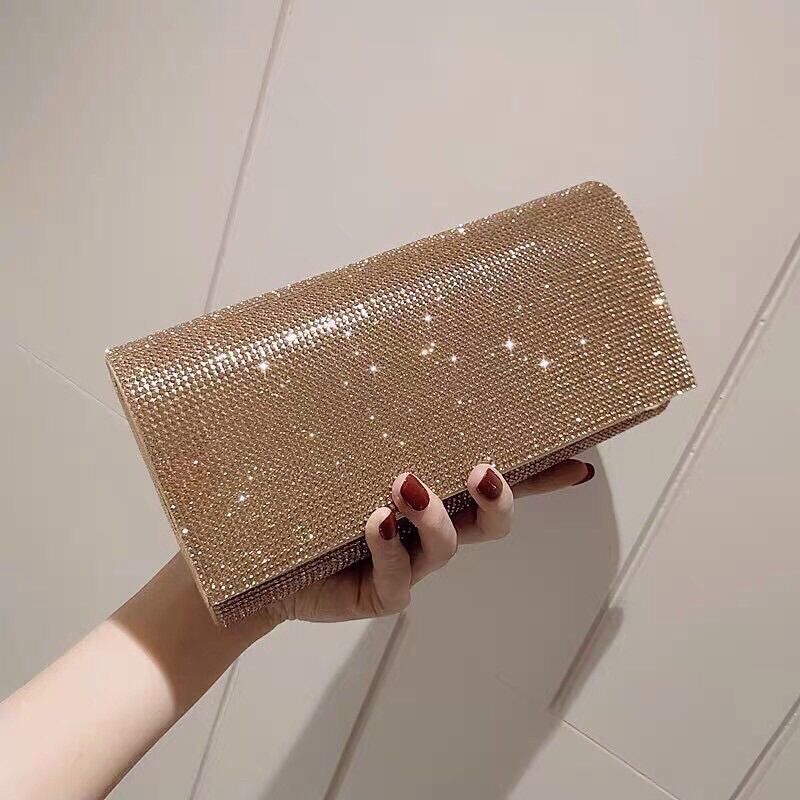 Ví cầm tay đính đá trơn basic cao cấp size trung mini