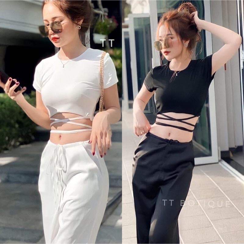 Áo Croptop Tay Ngắn Đan Dây Chéo Cực Xinh H20 Có Video Kèm Theo / Áo Croptop Nữ Tay Ngắn Phối Dây Chéo Eo