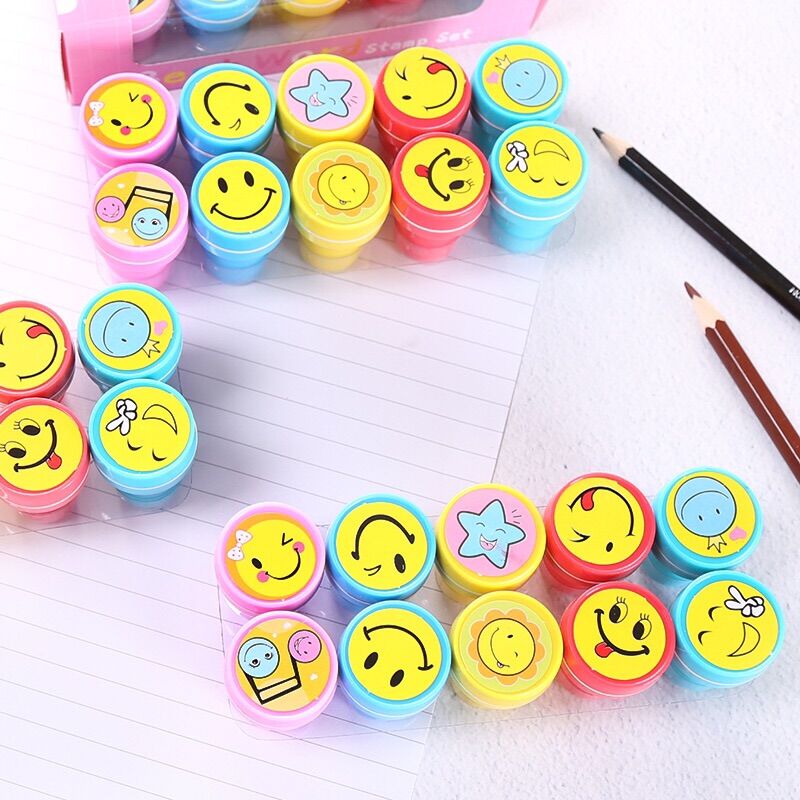 Bộ 10 con dấu nhựa lời khen thưởng hình mặt cười mộc sáp đóng dấu stamp cho bé