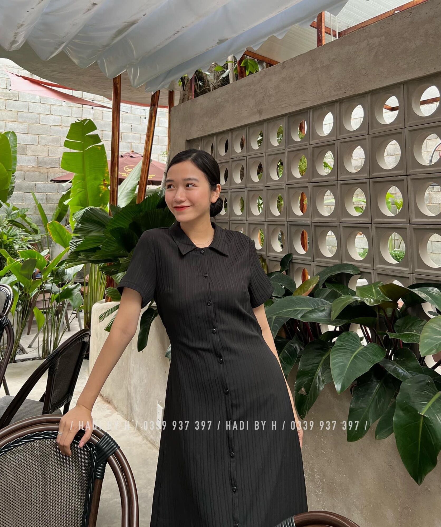 Đầm cổ sơ mi dáng middi dây thắt eo - Khiết