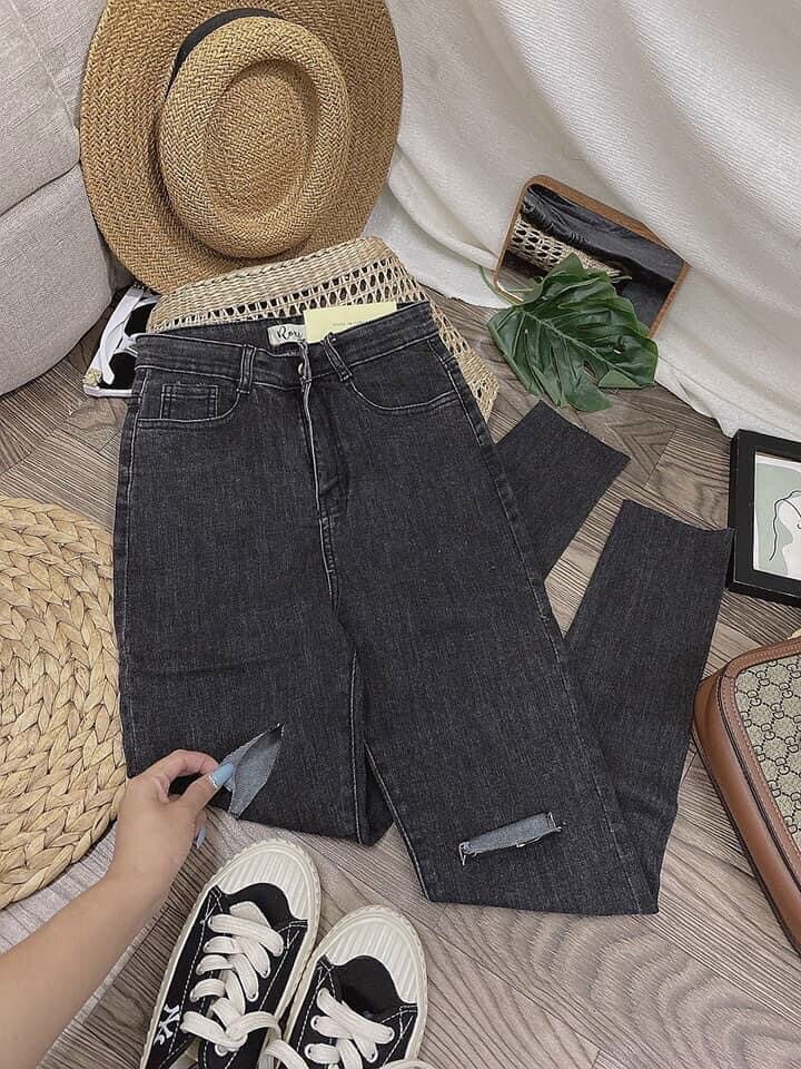 Jeans dài xám co giãn lưng cao rách