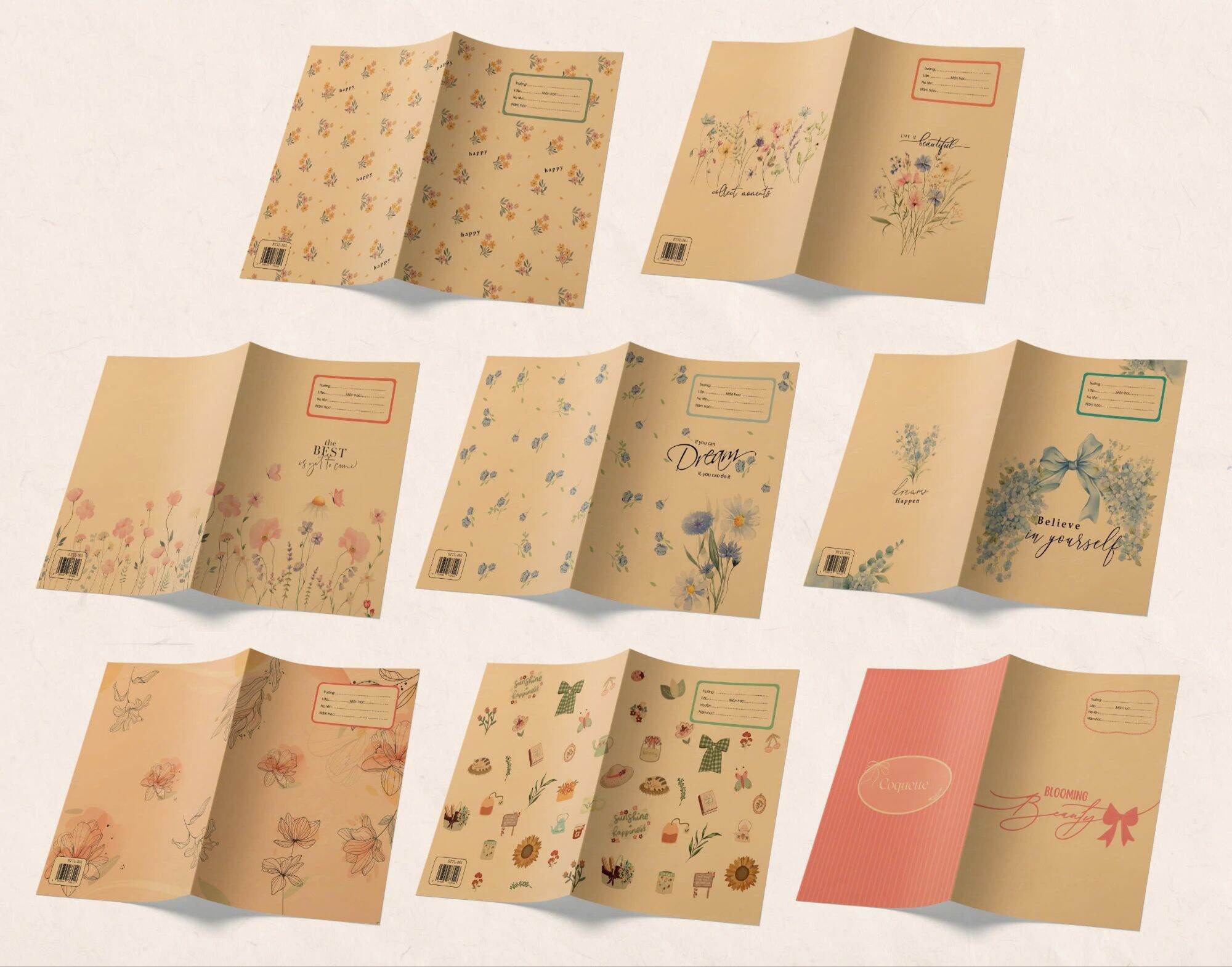 Xấp 10 tờ bao tập trong giấy ngoài kiếng giấy Kraft rất sang như hình | - Giấy Kraft | - Thiết kế hoa lá | - Bìa trong suốt | - Tông màu trung tính | - Sang trọng và tinh tế