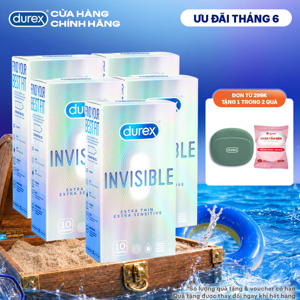 Bộ 5 hộp bao cao su Durex Invisible siêu mỏng, size 52mm, hộp 10 bao