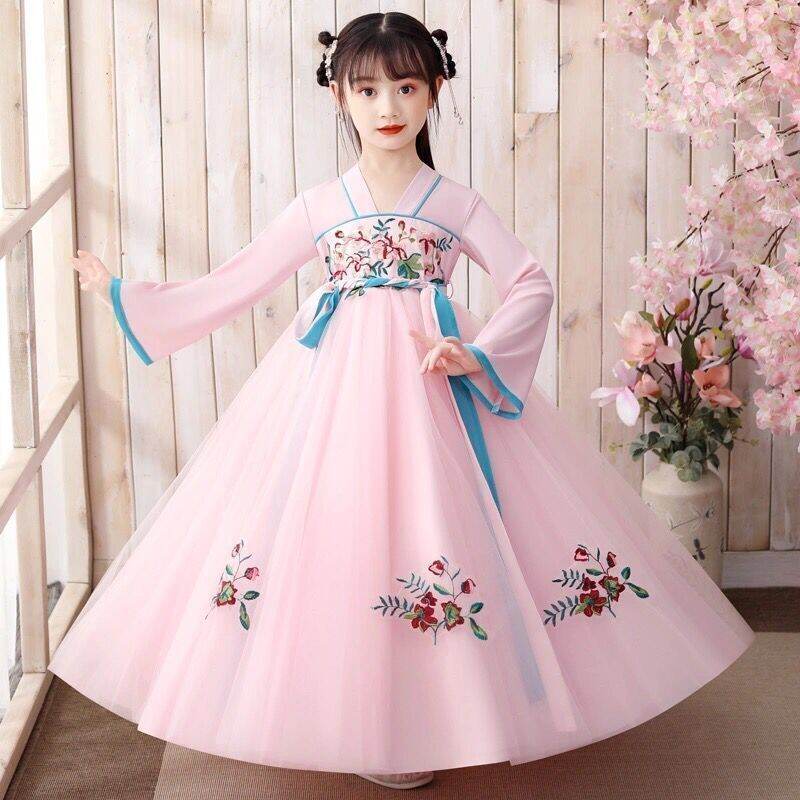 。 trang phục xuân thu trang phục cổ điển hán phục bé gái váy liền công chúa bé gái siêu tiên nữ trang phục 7 cổ đại 10 mười tuổi 9