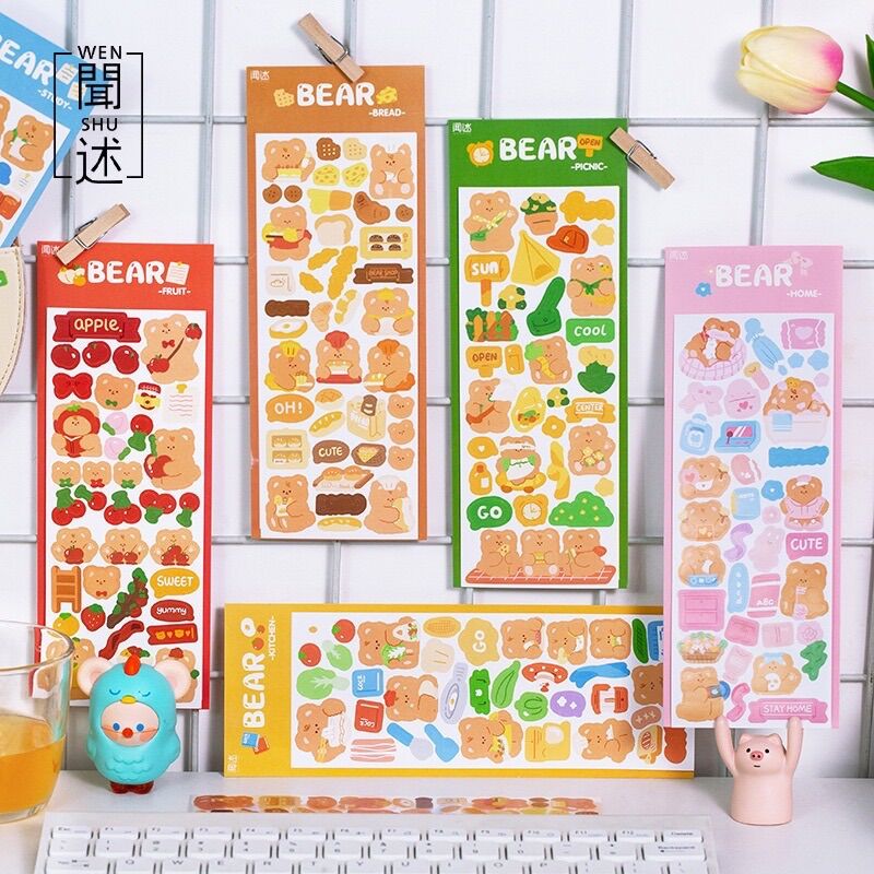 *Sticker cute - Bộ 2 tấm sticker cute dán trang trí hình gấu 6 kiểu