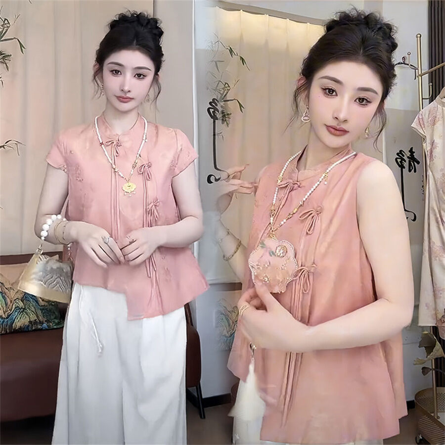 Áo Sơ Mi Cổ Đứng Không Tay Phong Cách Trung Hoa Cổ Điển, Quần Ống Rộng, Bộ Đồ Hai Mảnh, Chất Liệu Polyester, Mùa Hè 2026