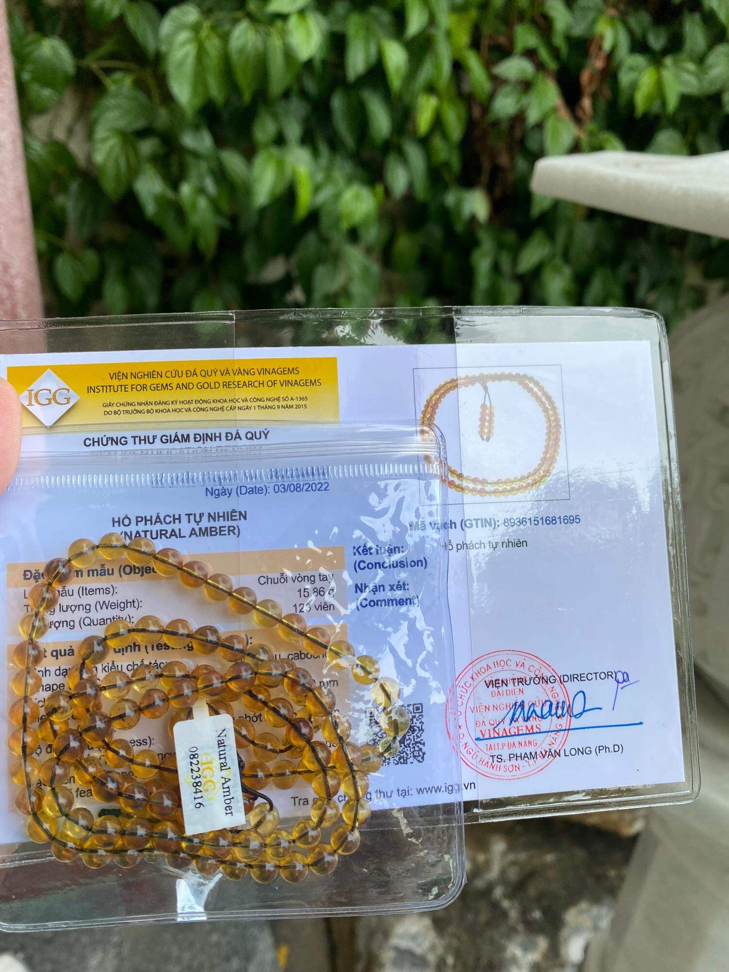 Chuỗi hổ phách xanh tự nhiên kèm kiểm định size 6,2ly 108viên.