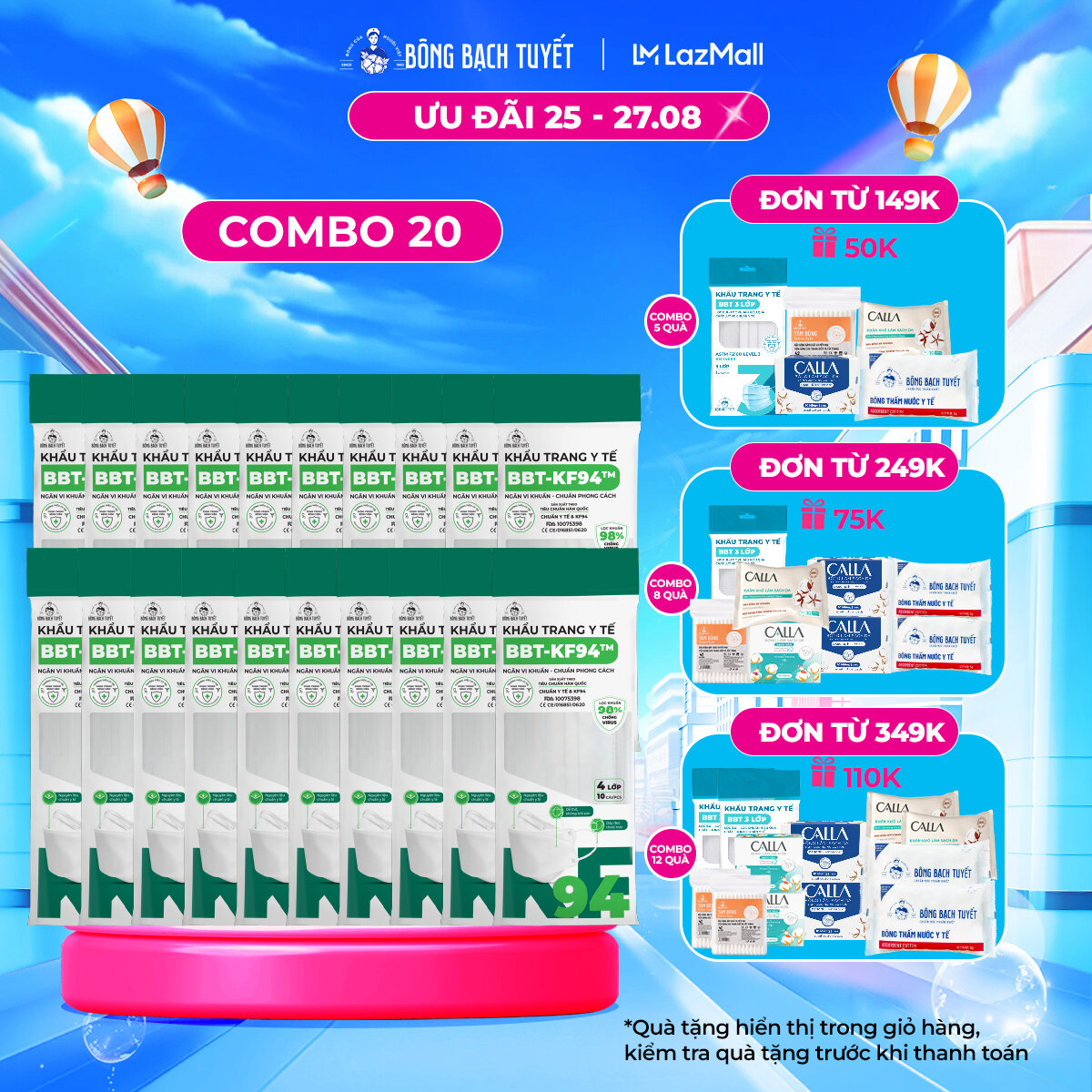 Combo 20 gói khẩu trang bông bạch tuyết kf94 trắng