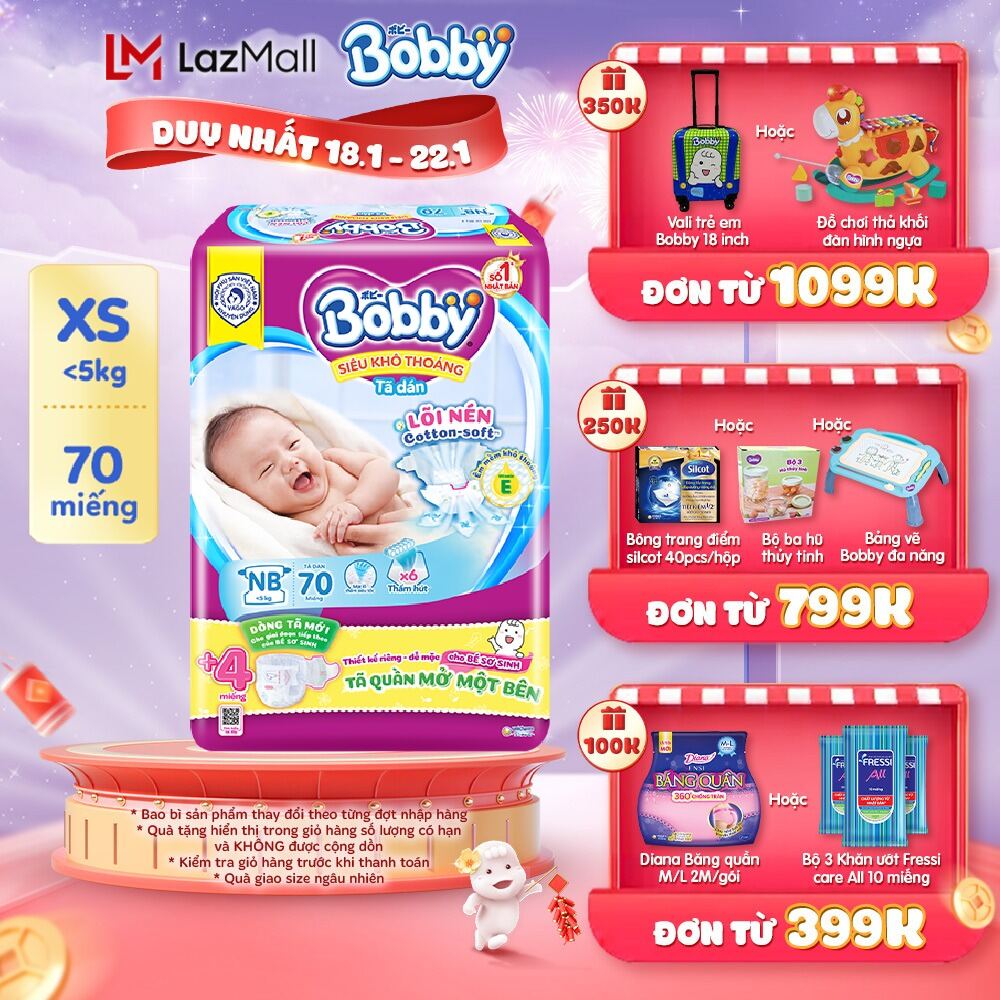 Tã dán sơ sinh Bobby Lõi nén Cotton-Soft 3mm 70 miếng (Tặng thêm 4 miếng Tã Quần Mở Một Bên)