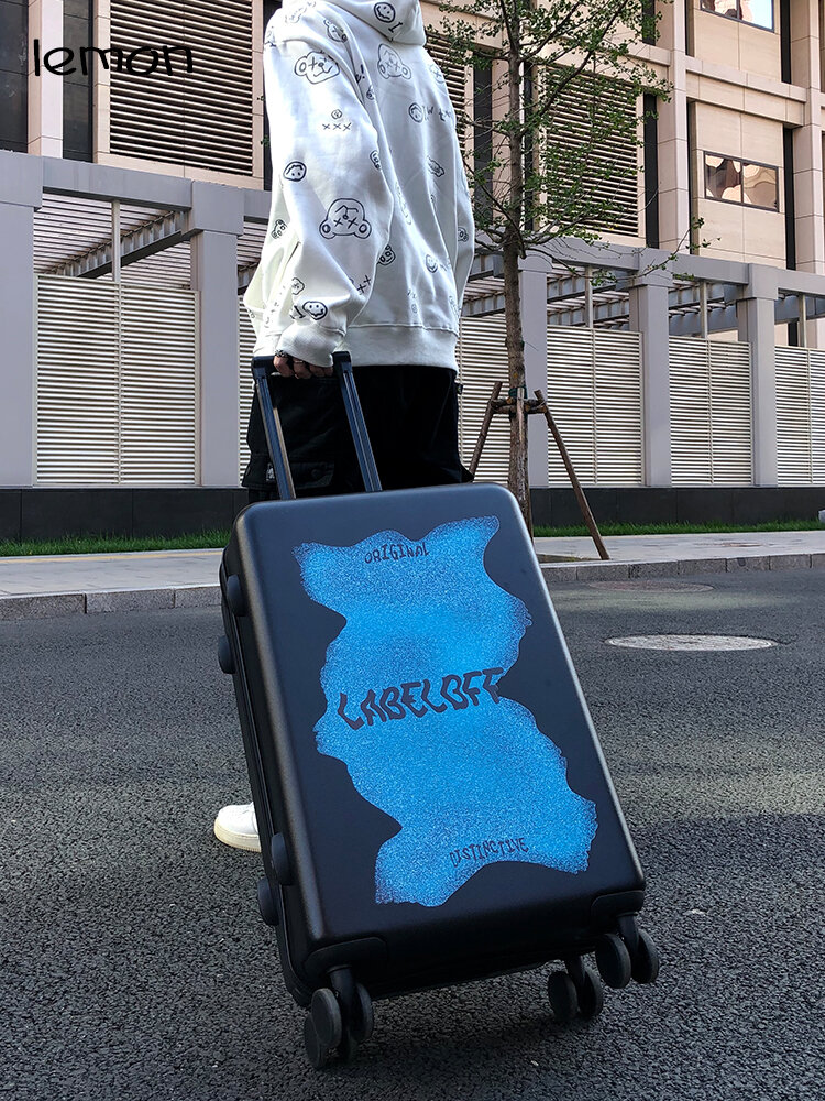 Thời trang lemoncat màu đen đậm túi du lịch 24-inch hoạt hình phong cách nhật bản uni bánh xe vali có khóa kéo