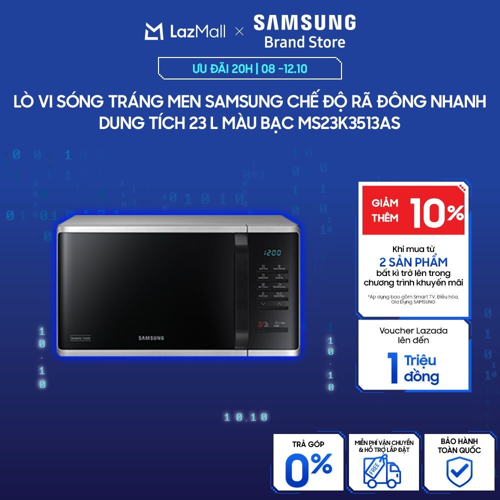[MIỄN PHÍ VẬN CHUYỂN] Lò vi sóng tráng men Samsung Chế độ Rã đông nhanh Dung tích 23 L Màu Bạc MS23K3513AS