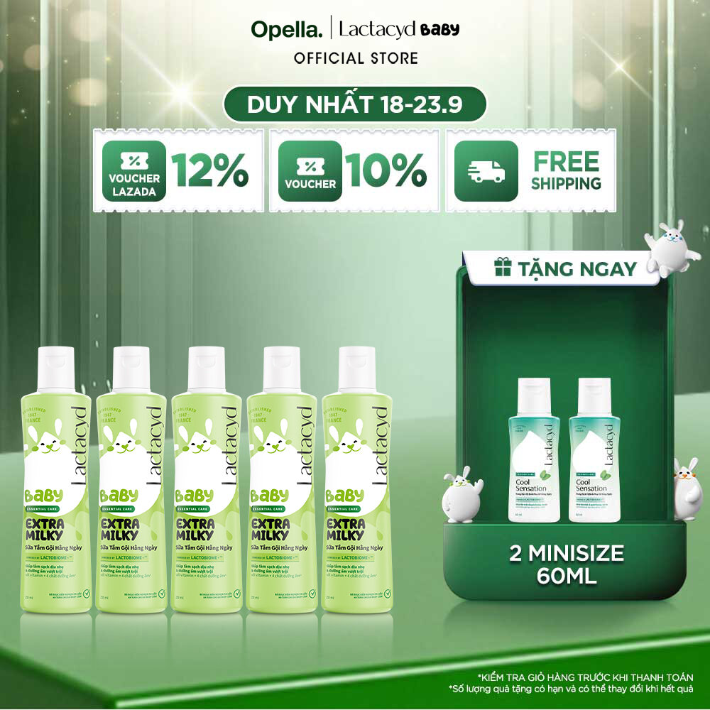 Bộ 5 chai Sữa Tắm Gội Trẻ Em Lactacyd Baby Extra Milky Làm Sạch Dịu Nhẹ và Dưỡng Ẩm Vượt Trội 250ml/chai
