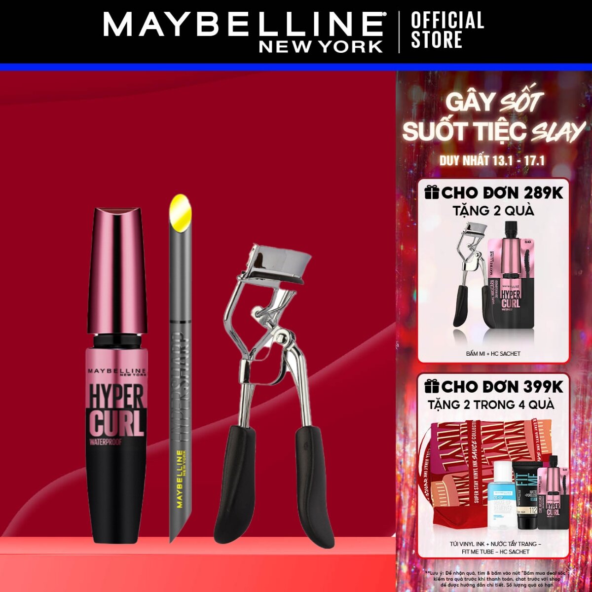 Bộ Bút kẻ mắt nước siêu sắc mảnh 36H không trôi Hyper Sharp, Mascara Dài và Cong Mi Hyper Curl Waterproof Maybelline New York kèm Kẹp Bấm Mi