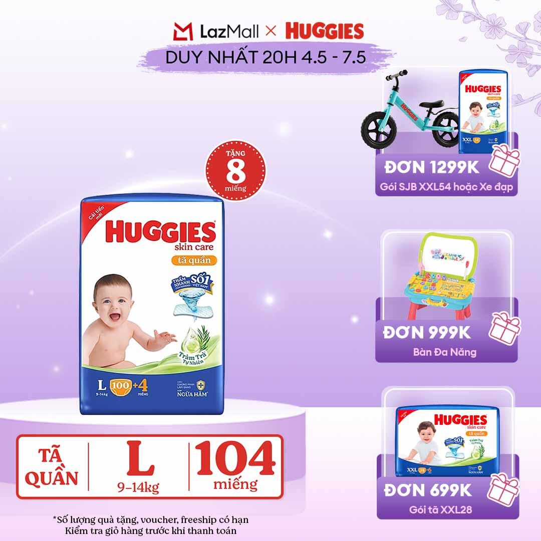 [CHỈ 20h 04-07.05 GIẢM THÊM 90K]  Gói Tã/bỉm quần HUGGIES SKINCARE MEGA JUMBO size L100+4 miếng