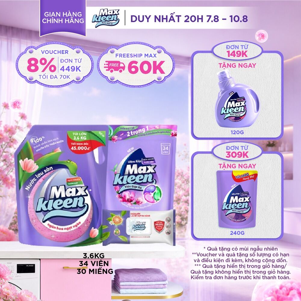 Combo Túi lau sàn MaxKleen hương Ngàn hoa ngọt ngào 3.6 kg + Túi viên hương Huyền Diệu 34 viên + Khăn ướt