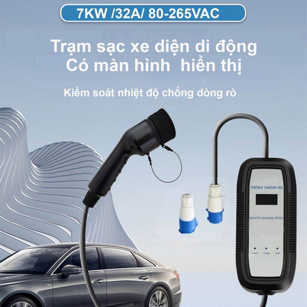 Sạc ô tô điện di động AC 32A 7KW có màn hình phù hợp xe điện Vinfast VFe34 VF3 VF5 VF8 VF9