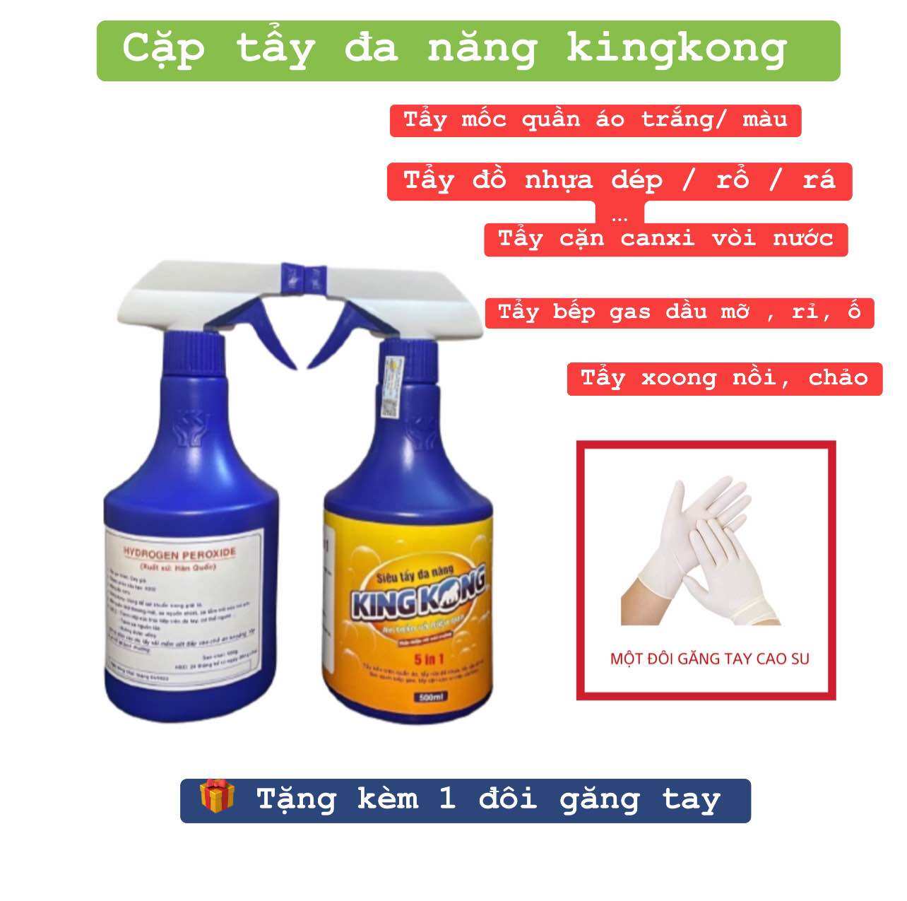 (CHÍNH HÃNG -[ Tặng găng tay ]) CẶP TẨY ĐA NĂNG KINGKONG 5 IN 1 - Tẩy quần áo, tẩy đồ nhựa, đồ sứ, g