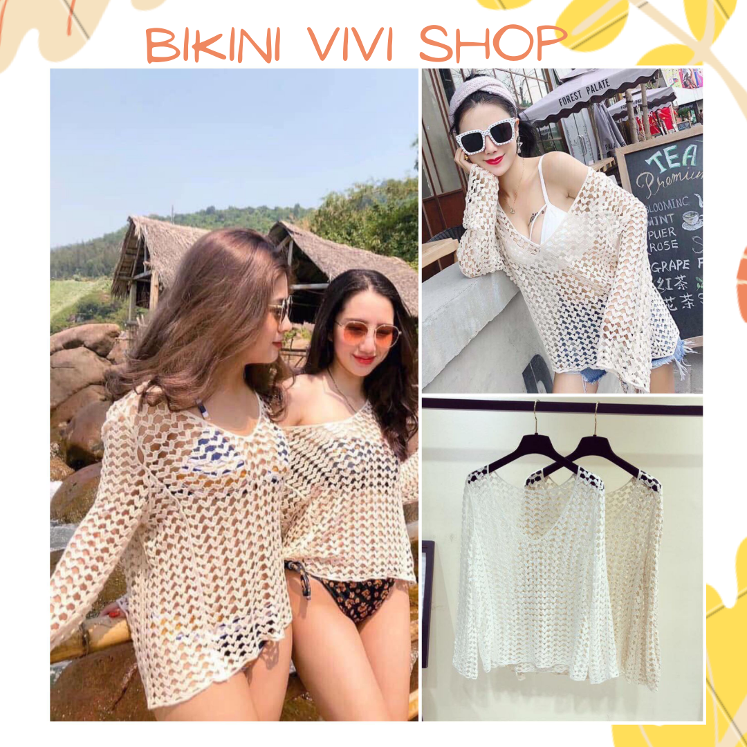 Áo choàng đi biển, áo khoác lưới cổ tim Quảng Châu màu trắng, kem Vivi Shop