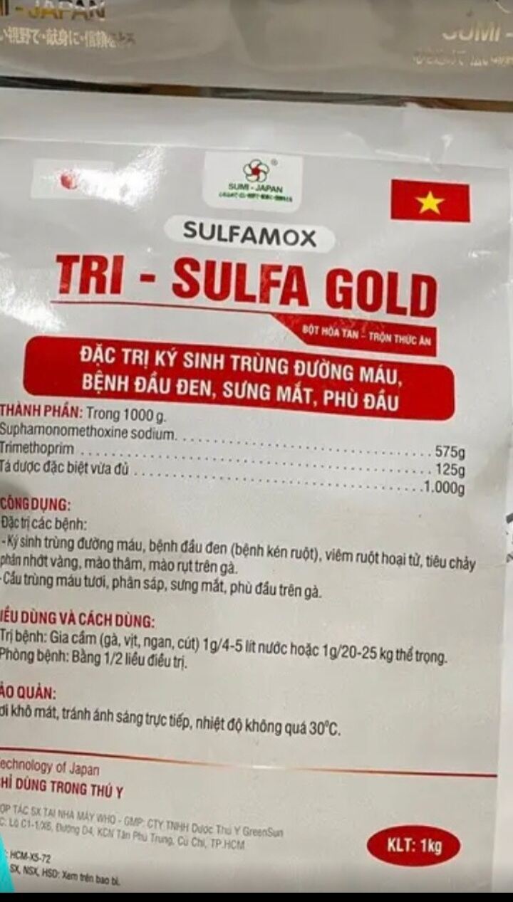Tri sulfa gold ( chuyên dùng trang trại) qui cách 100 gram (tặng kèm 1 ống tiêm*1ml )ký sinh trùng đường máu, đầu đen, sưng mắt, phù đầu hsd 14/02/2025