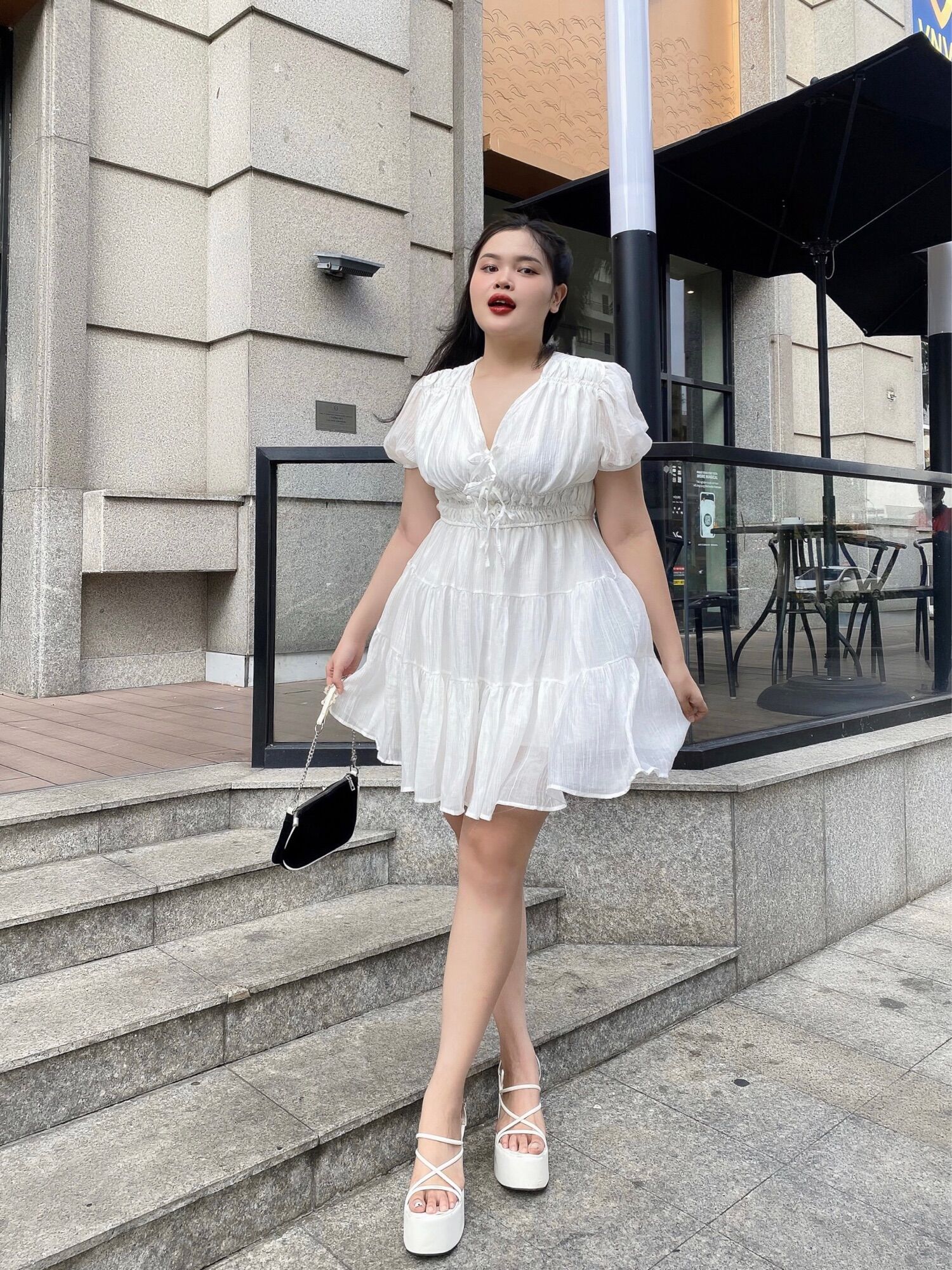 OOTD BIGSIZE | Đầm tơ cổ V đính nơ chun eo
