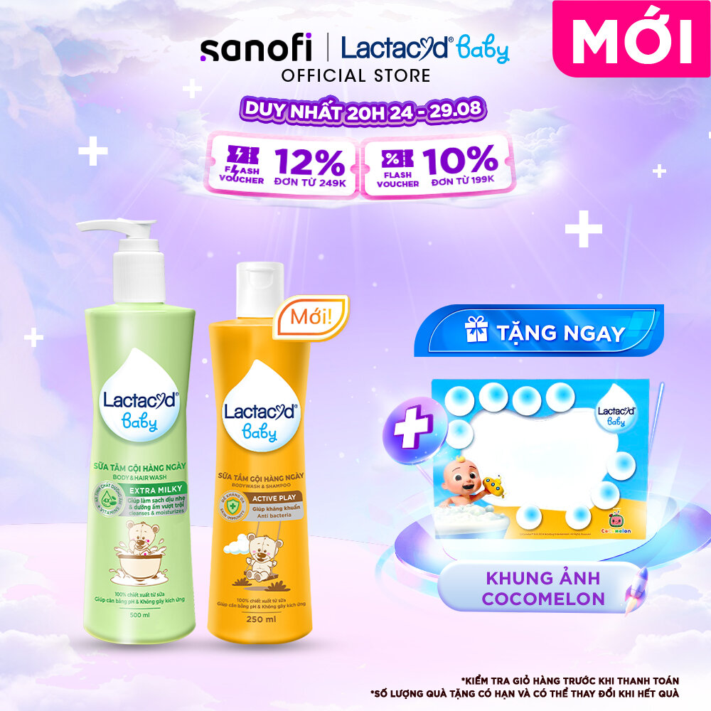 Bộ 2 chai sữa tắm gội trẻ em lactacyd baby extra milky 500ml + lactacyd baby active play 250ml