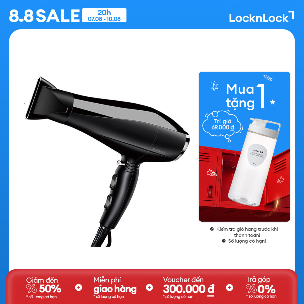 Máy sấy tóc lock&lock - ena146blk - thiết kế thời trang cao cấp - 3 chế độ nhiệt - công suất lớn 2200w - hàng chính hãng - bảo hành 2 năm