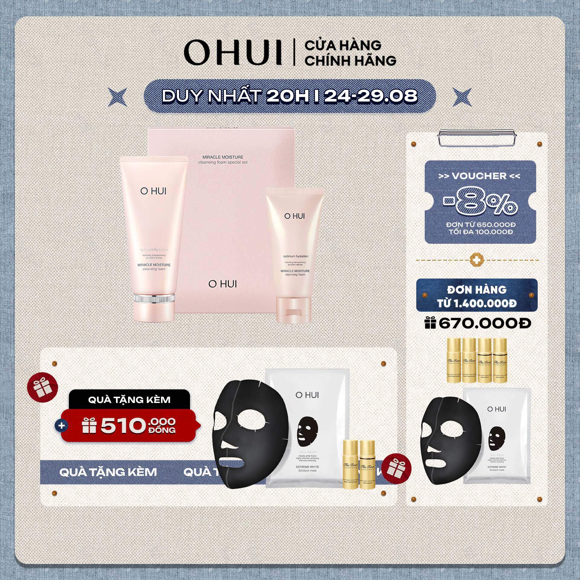 Bộ sữa rửa mặt dưỡng ẩm OHUI Miracle Moisture Cleansing Foam 200ml + 100ml