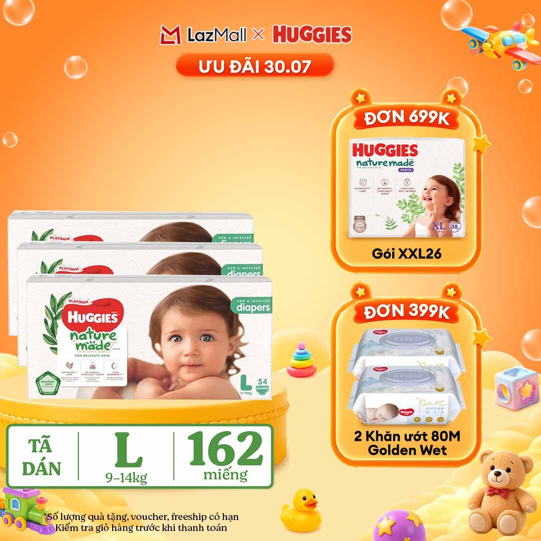 [30.7 QUÀ TẶNG ĐƠN 399K] Combo 3 Tã/Bỉm dán HUGGIES PLATINUM NatureMade L54 (9-14kg)-Gói Jumbo 54 miếng