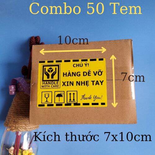 Set 50 tem dán có sẵn keo cảnh báo hàng dễ vỡ kích thước 10x7cm