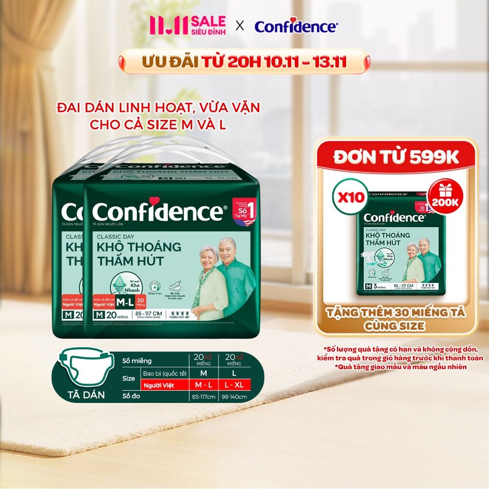 Combo 2 Tã dán người lớn CONFIDENCE CLASSIC DAY size M/L gói 8/20 miếng