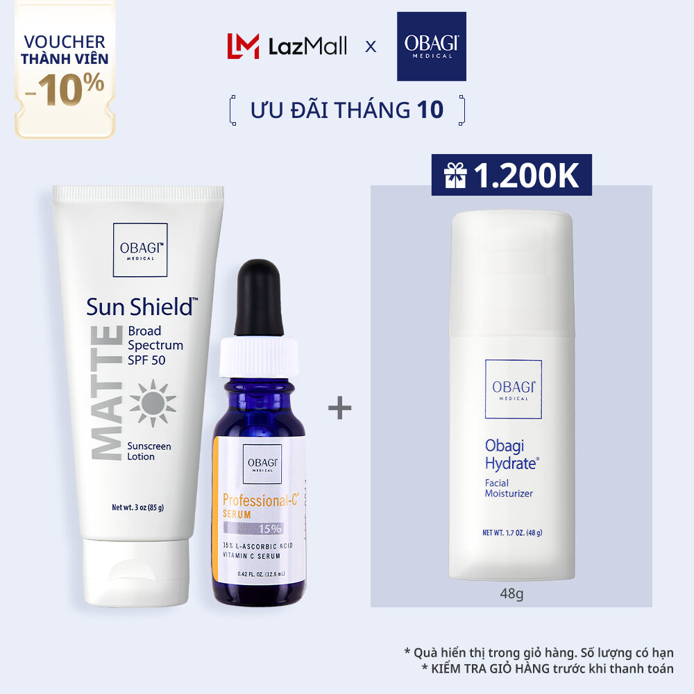 Bộ đôi Kem chống nắng Sun Shiled Matte 85g và Tinh chất dưỡng trắng Obagi Professional-C serum 15% - Small-12.5ml