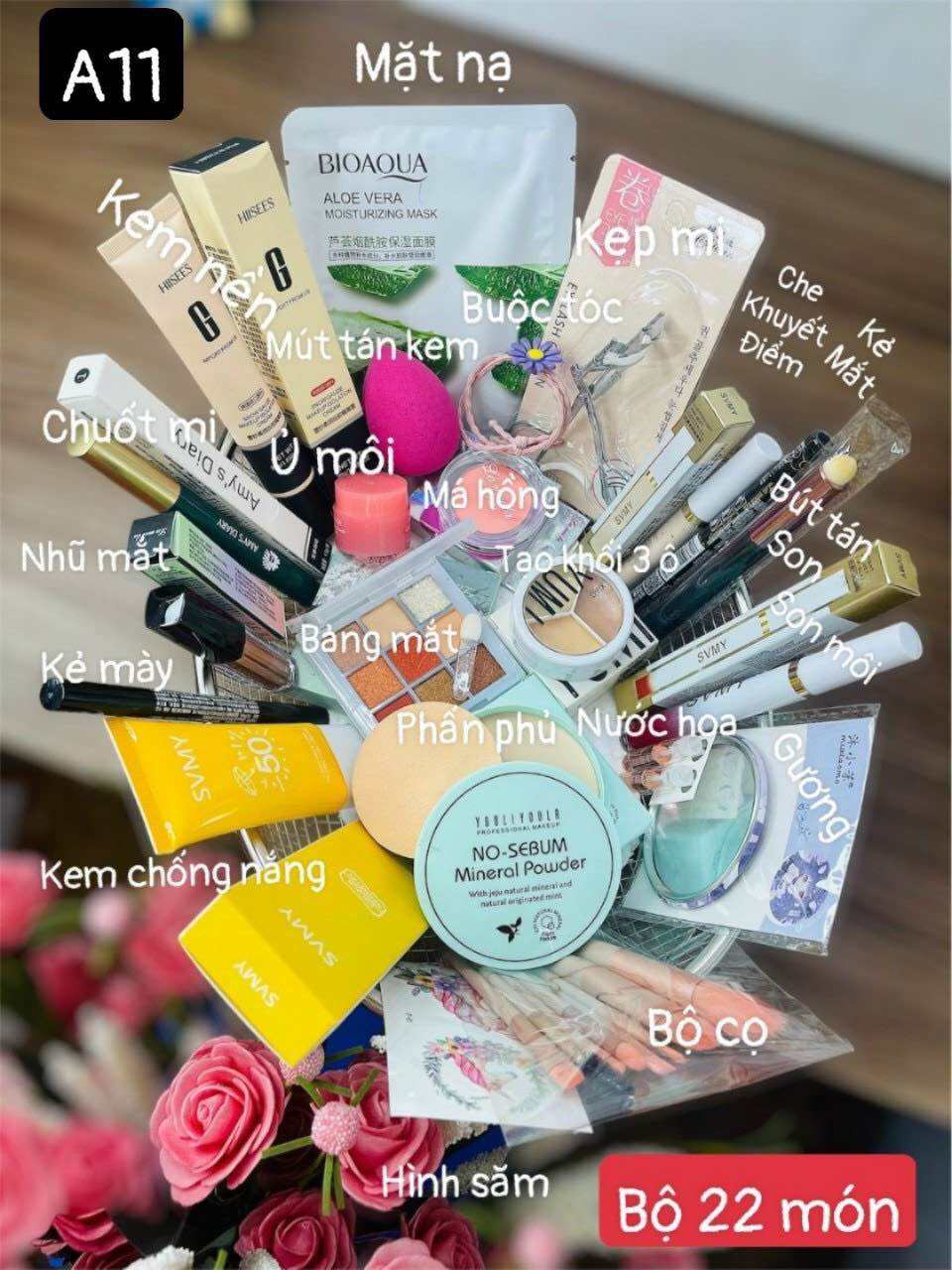 Bộ trang điểm combo [22 món A11] makeup đầy đủ phấn mắt + phấn phủ + phấn má + kem nền +kem chống nắng + má hồng + mascara + son + bộ cọ +chì mày Bộ Trang Điểm [A11]