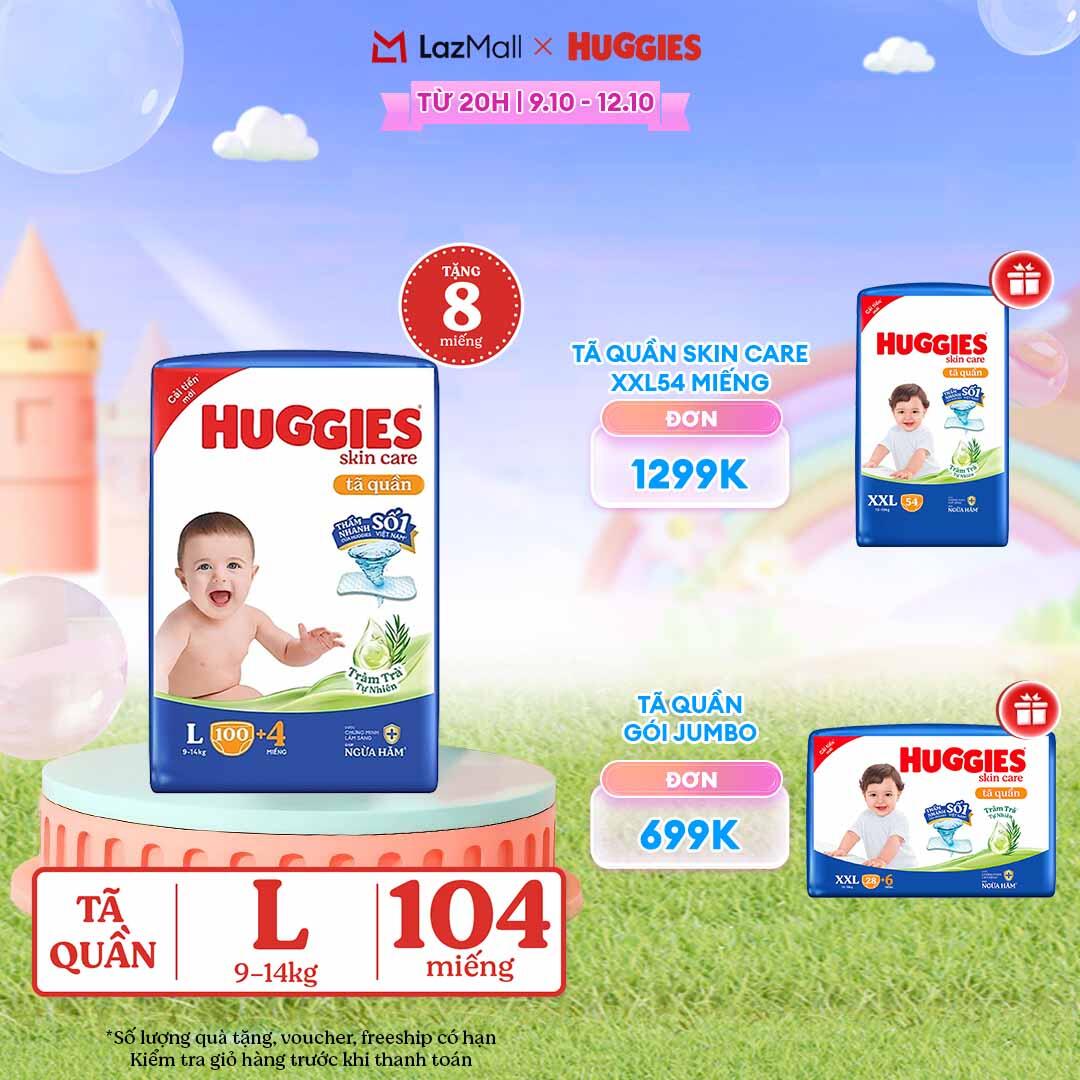 [CHỈ 20H 09-12/10  GIẢM THÊM 80K] Gói Tã/bỉm quần HUGGIES SKINCARE MEGA JUMBO size L96+8 miếng/L100+4 miếng