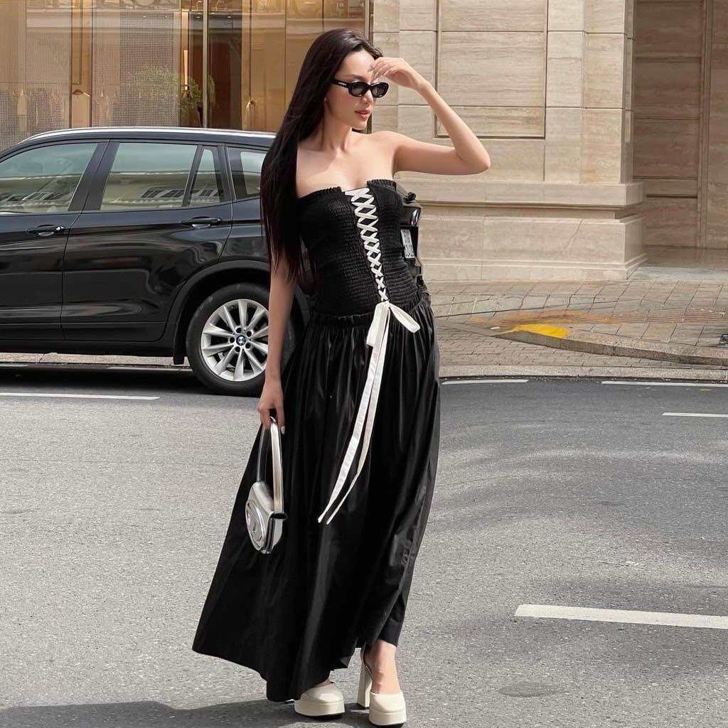 M605 - Đầm maxi cúp ngực đen đan dây nơ đầm maxi quây bồng lụa thắt dây nơ