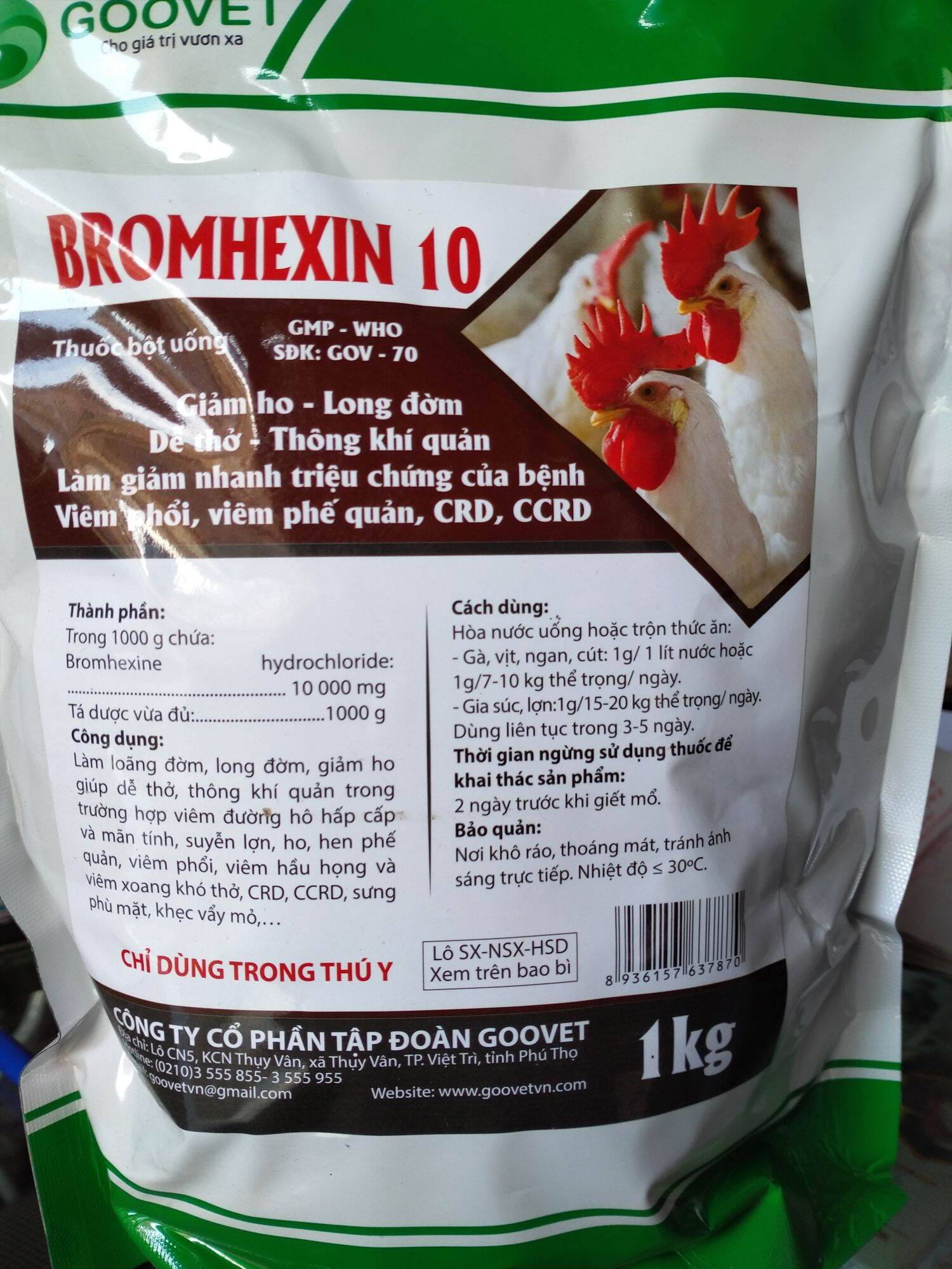 Bromhexin, giảm ho tiêu đờm nhanh 1kg cho heo gà vịt