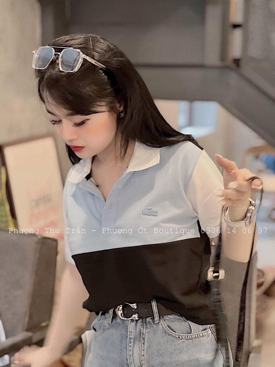 thun polo cá sấu cổ bẻ phối màu xanh cam đen