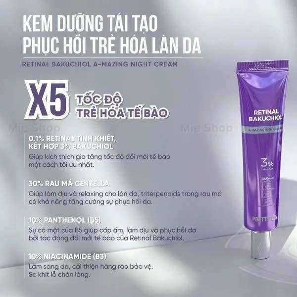 Retinol, kem dưỡng Pretty Skin retinal bakuchiol A-mazing night cream,tái tạo trẻ hóa , căng bóng đều màu da