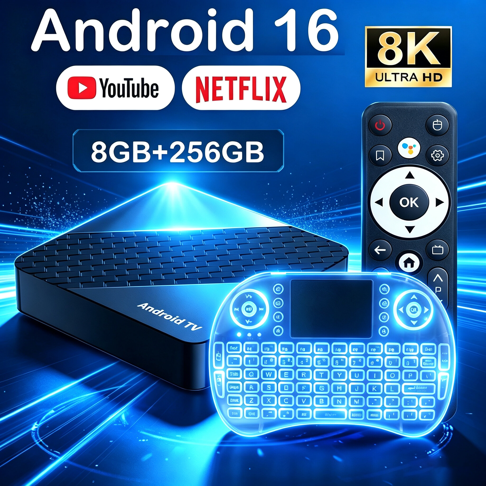 Hộp Giải Mã Truyền Hình Thông Minh Android 16 Độ Phân Giải 8K, Bluetooth 6.0, WiFi Kép 5G, RAM 8GB, Bộ Nhớ 256GB, Hỗ Trợ Google Voice, Trình Phát Đa Phương Tiện Cho Netflix, YouTube