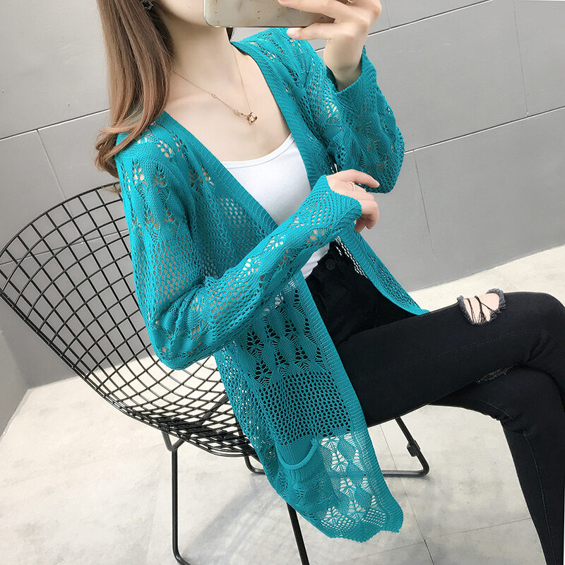 Áo Khoác Cardigan Áo Dệt Kim Có Lỗ Mẫu Mỏng Mùa Xuân Hè Cho Nữ Áo Len Dáng Dài Vừa Phối Bên Ngoài Áo Khoác Chống Nắng Áo Điều Hòa