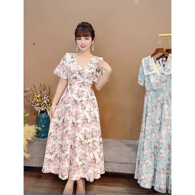 Đầm maxi hoa cổ V ren dáng xòe Monoco