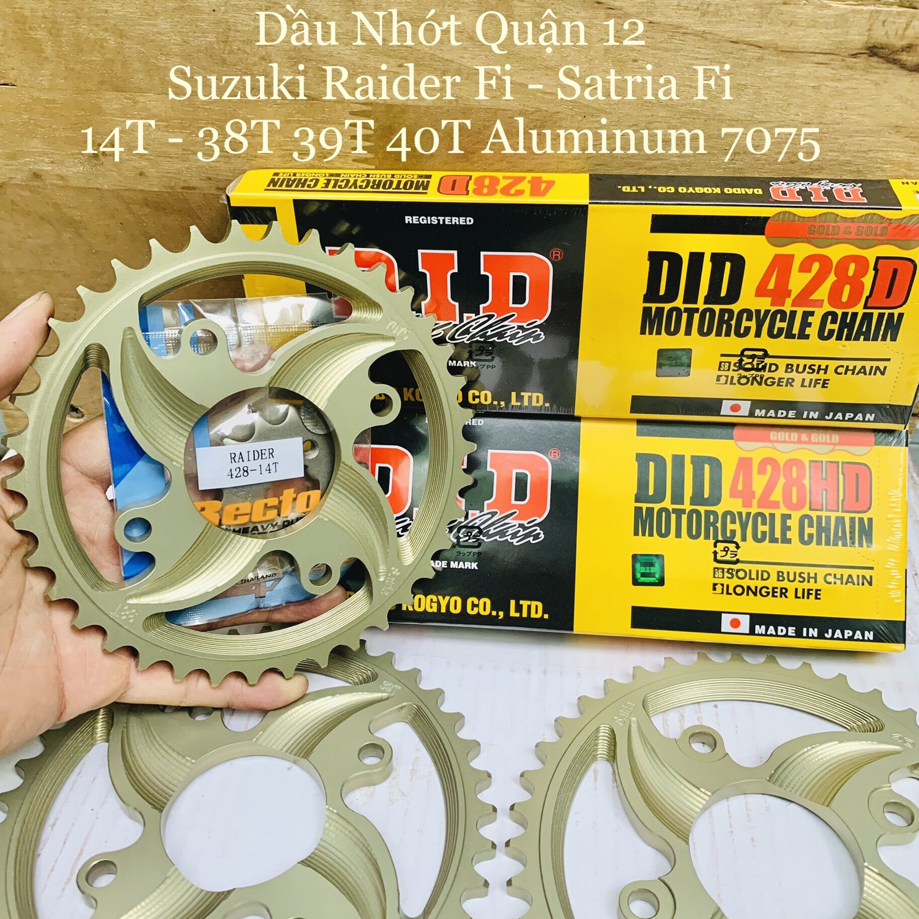 Suzuki Raider Fi - Satria Fi 150 Bộ Nhông 14T Dĩa Nhôm 7075 - 38T 39T 40T Sên DID Vàng  Made in Japan